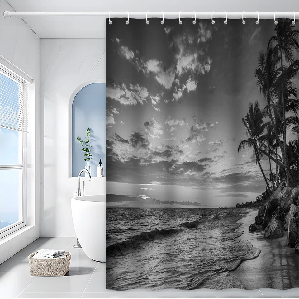 Black and White Beach Shower Curtain Ocean Wave Palm Tree Coastal Sunset - Image 1 of 4