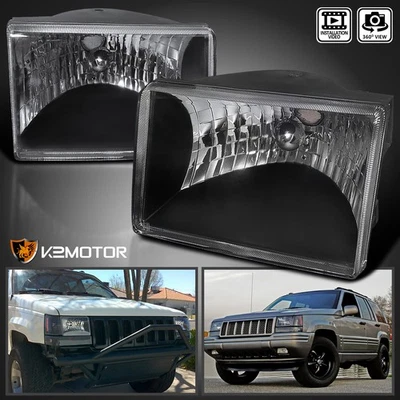 Black Fits 1993-1998 Jeep Grand Cherokee Headlights Lamps Left+Right Replacement - Image 1 of 4