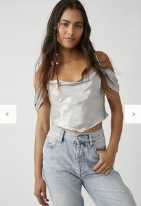 Free People Silver Metallic Off Shoulder Smocked Back Corset Hem Top M Edgy Boho - Picture 1 of 6