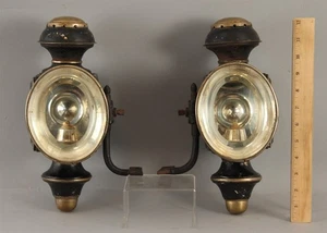 RARE Matched Pair Antique c1900 Brass & Beveled Glass Automobile Lantern Lights - Foto 1 di 9