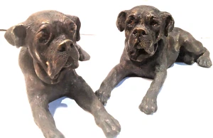 ANTIQUE PAIR LARGE BRONZE ENGLISH MASTIFF DOGS GLASS EYES LEATHER BOTTOM BOOKEND - Picture 1 of 10