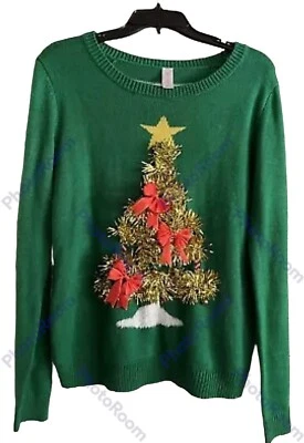 Mujer Feo Navidad Suéter Felpa Árbol de Navidad Oropel Campanas Talla L (11-13) Foto 1 de 4