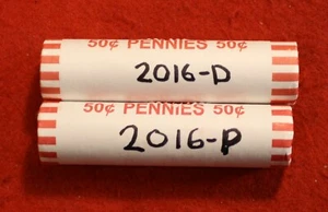 2016-P&D Lincoln Shield Cent Penny 2-50 Coin rolls Uncirculated roll - Picture 1 of 1