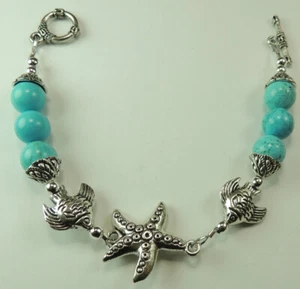 Turquoise Howlite  Bracelet with Starfish & Fishes Handcrafted Jewelry - Picture 1 of 1