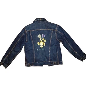 80's Wai Lee Painted Teddy Bear BLING Blue Jean GlAm ROCK Denim Trucker Jacket - Picture 1 of 4