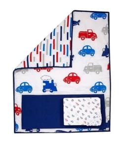 Baby Crib Bedding 3 Piece Set Nursery Cars Trucks Planes Trains Reversible NEW - Imagen 1 de 6