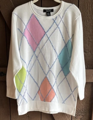 CRYSTAL KOBE Wms 1XL Lt Wt пуловер свитер многоцветный сшитый геометрический Frt - Изображение 1 из 4