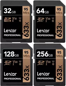 Lexar Professional 32/64/128/256GB SD SDXC memory Card 633X, U3, V30, 95MB/s - Picture 1 of 13