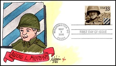 Scott 3396 33 Cents Audie Murphy Melissa Fox Hand Painted FDC 2 Of 10 - Image 1 of 2