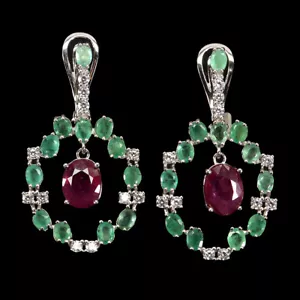 925 Sterling Silver Earrings Oval Ruby 9x7mm Emerald Simulated Gemstone Jewelry - Picture 1 of 14