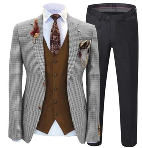 Hombres Traje Gris Pata de Gallo Cuadros Tweed Blazer Fiesta Baile de graduación Esmoquin Boda 3 Piezas - Imagen 1 de 8