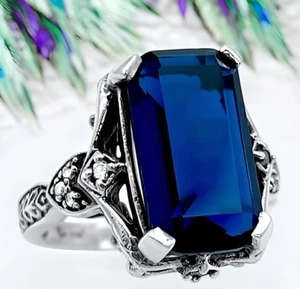 Vintage 925 Sterling Silver Royal Blue Simulated Sapphire Filigree Ring 1368 - Picture 1 of 4
