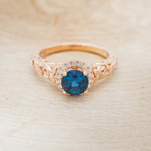 14k Rose Gold Lab Grown Alexandrite and Diamond Halo Engagement Wedding Ring - Picture 1 of 6