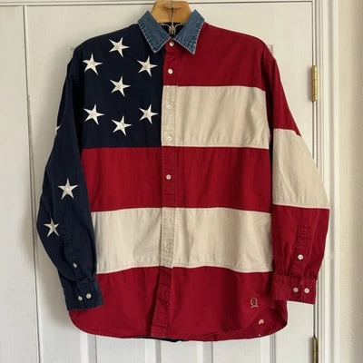 Camisa Tommy Hilfiger De Colección Para Hombre L Años 90 Estrellas Rayas Bandera Americana Abotonada Foto 1 de 4