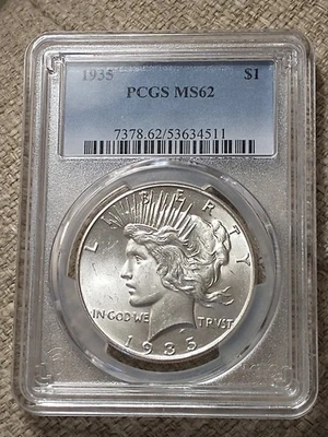 1935 Better Date Peace Silver Dollar, PCGS MS62, Brilliant White Luster - Image 1 of 3