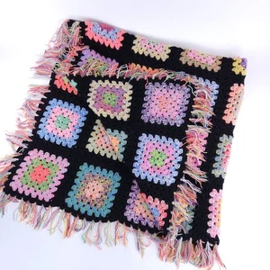 VTG Crochet Granny Square Blanket Afghan Black Base W Pastel Squares 62 x 66" - Picture 1 of 8