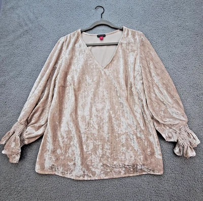 Vince Camuto Blouse Womens 1X Champagne Velvet V-Neck Smocked Cuffs - Image 1 of 4