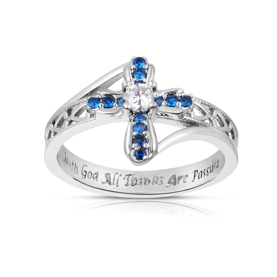 Sapphire Cross Engraved " With God All Things Are Possible " Ring Sizes 5-9 - Image 1 of 1