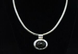 EXQUISITE STERLING SILVER NECKLACE - 16 INCH - WITH ONYX PENDANT LARGE - 60g