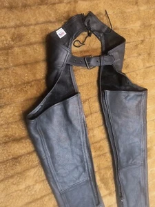 Vintage Black Leather Motorcycle Riding Chaps Men's sz M Adjustable Made In USA - Bild 1 von 13