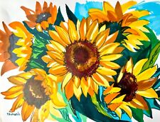 Sunflowers painting ORIGINAL art Flower floral Markers on thin paper signed 8x10