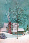 Wintery Blue Christmas House Vintage art