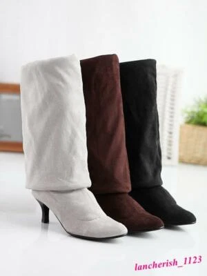 Women's Suede Over Knee Thigh High Boots Kitten Heel Shoes Pointy Toe Pull On OL - Image 1 of 4