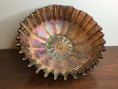 Vtg Fenton Peacock Tail Iridescent Peach Carnival Glass Bowl Ruffled Edge RARE - Image 1 of 4