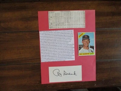 RAY  SADECKI(D-2014)Signed Trimmed Index Card w/8 x 11 Display w/1966 Topps/Obit - Image 1 of 4