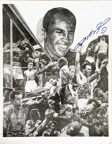 Sugar Ray Leonard Collage Charcoal Autographed Art Print Boxing Fight Poster Cover
