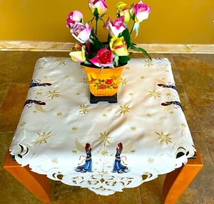 Embroidered & Hand-Cut Table Topper - Angels on Creamy Fabric 33x33" SQ - Picture 1 of 3