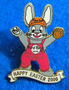 FUKUOKA EASTER RABBIT BUNNY 2000 PINK BASEBALL OVERALLS Hard Rock Cafe PIN LE - Picture 1 of 1