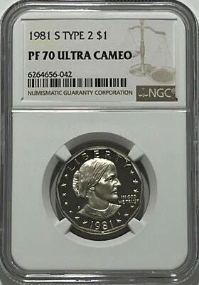 1981 S $1 Type 2 NGC PF70 Ultra Cameo Proof Susan B. Anthony Dollar SBA Flat S - Image 1 of 3