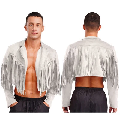 Men's Fringe Faux Suede Leather Open Front Tassel Coats Western Cowboy Jacket - Image 1 of 3