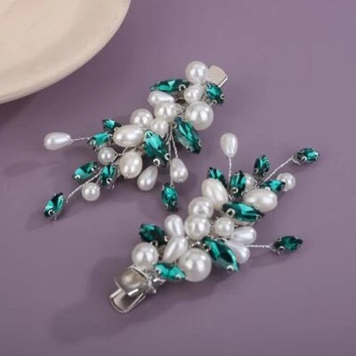  2Pcs Pearl Wedding Hair Clips Green Crystal Hair Barrette Rhinestone Pearl  - Image 1 of 4