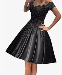 Short Off Shoulder Homecoming Dress Lace Appliques Satin Prom Ball Gown - Picture 1 of 4