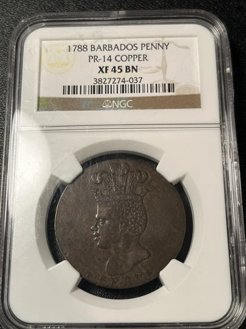 1788 BARBADOS COPPER PENNY NGC XF45 BN PR-14 COPPER Cover