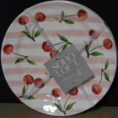 Platos de ensalada de melamina Soho Loft cerezas rojas rosa blanco a rayas 8" NUEVO Foto 1 de 3