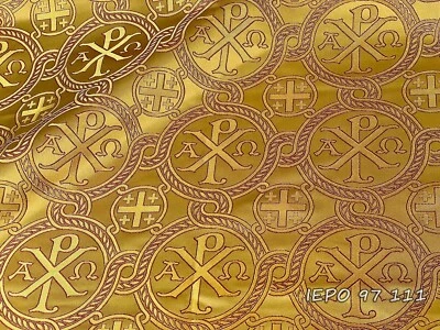 Vestiduras litúrgicas eclesiásticas brocado griego metálico Alpha-Omega Chi-Rho Foto 1 de 4