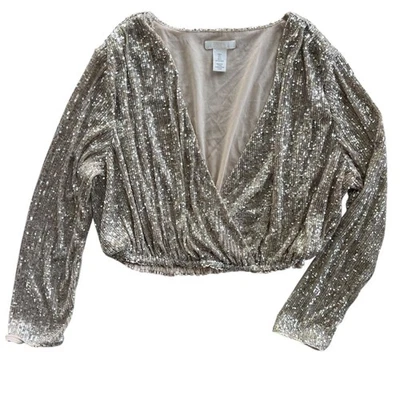 Blusa corta envolvente manga larga con lentejuelas brillantes doradas L para mujer H&M fiesta vacaciones Foto 1 de 4