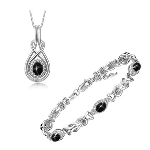 RYLOS  SILVER BLACK STAR SAPPHIRE & DIAMOND LOVE KNOT BRACELET & PENDANT SET - Picture 1 of 6