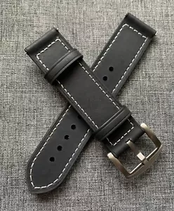 Premium Leather Soft Silicone Fused Watch Strap Black full Stitching New 20/22mm - Picture 1 of 5
