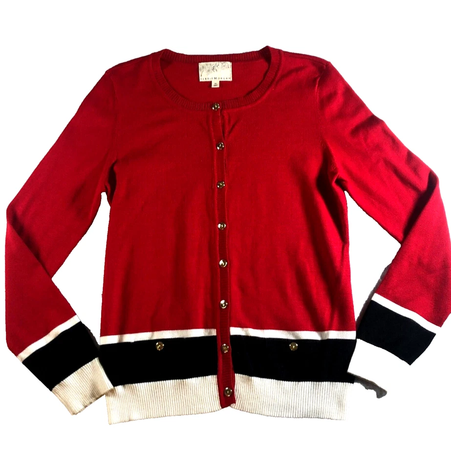 Cárdigan Debbie Morgan para mujer talla M rojo negro blanco cuello redondo manga larga Foto 1 de 4