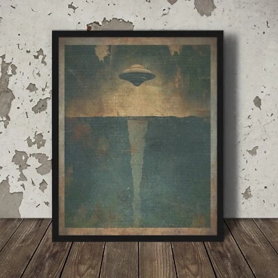 Vintage ALIEN UFO OCEAN Wall Art, Sci-fi UAP Nautical Decor, Underwater Base USO - Image 1 of 4