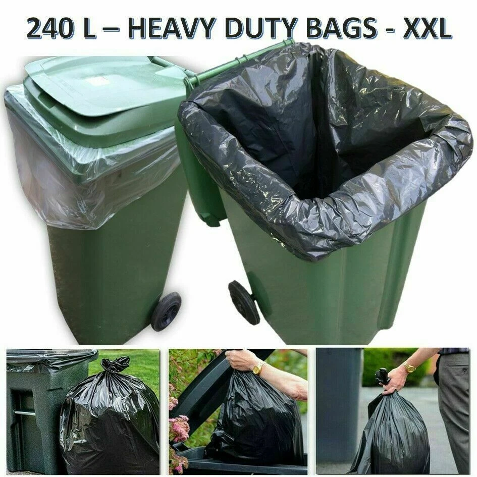 Clear & Black Heavy Duty Wheelie Refuse Sacks Strong 240L Bin Liners Rubbish Bag - Image 1 of 1