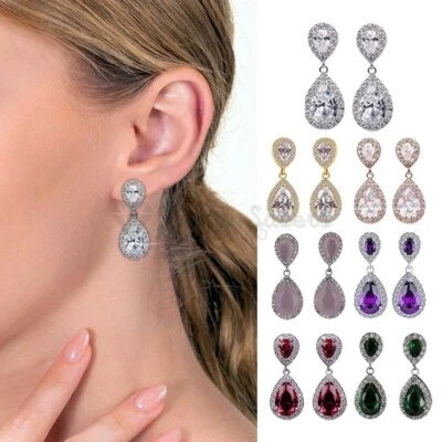 Women Drop Dangle Earrings Gift Water Drop Cubic Zirconia 925 Sterling Silver UK - Image 1 of 4