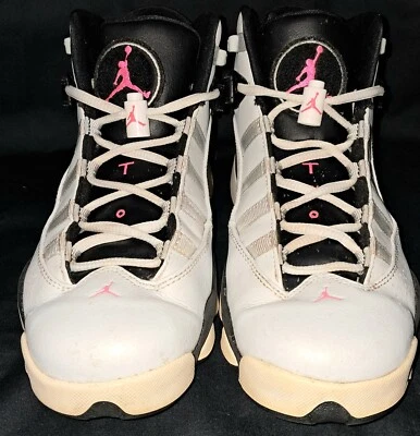 Jordan Seis Anillos "Pink Flash" 7Y, Niñas, Blanco, Negro y Rosa, Ligeramente Usado Foto 1 de 4