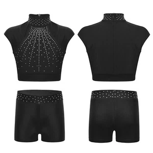 Kids Girls Outfit Cutout Shorts Active Crop Top Sequins 2 Piece Dancewear Shiny - Picture 1 of 82