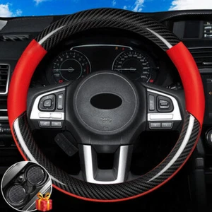 15" Carbon Fiber Leather Car Steering Wheel Cover Red Leather for Subaru - Picture 1 of 10