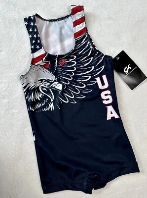 New GK ELITE Gymnastics Leotard SINGLET Olympic USA Boys EAGLE Flag SIZE: CXL - Image 1 of 4